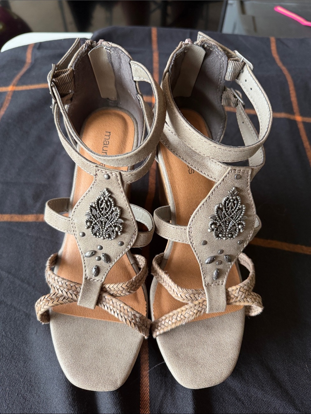 Maurices Taupe Braided Strappy Heeled Sandals with Embellished T-strap